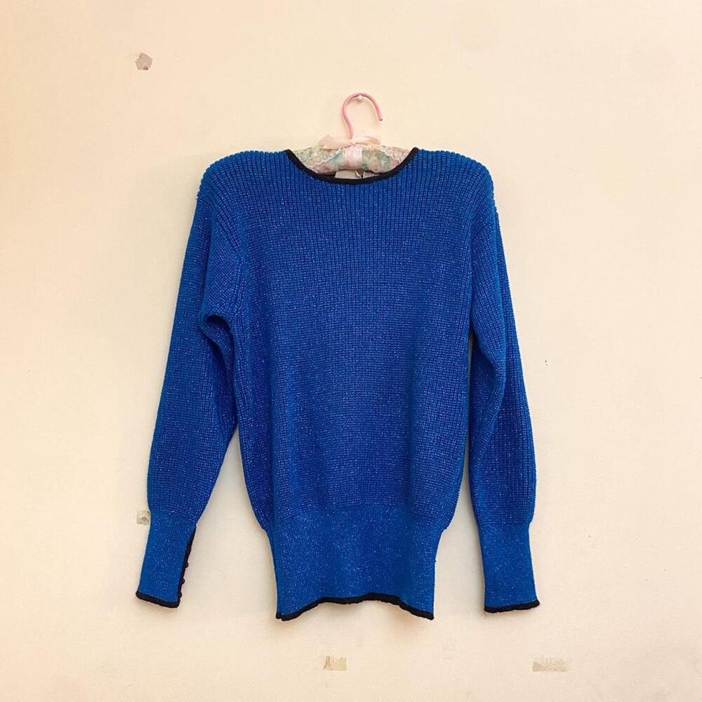 Vintage Liz Claiborne Blue Metallic Glitter 80s Knit Sweater Small